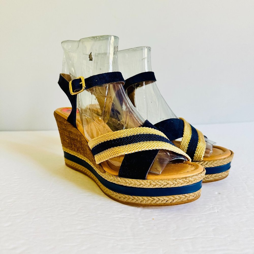 NWOT ERAM NAVY AND METALLIC GOLD STRAPPY SUEDE STRAW CORK WEDGE MADE IN FRANCE